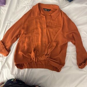 Orange Button-Up Blouse with Tie Front